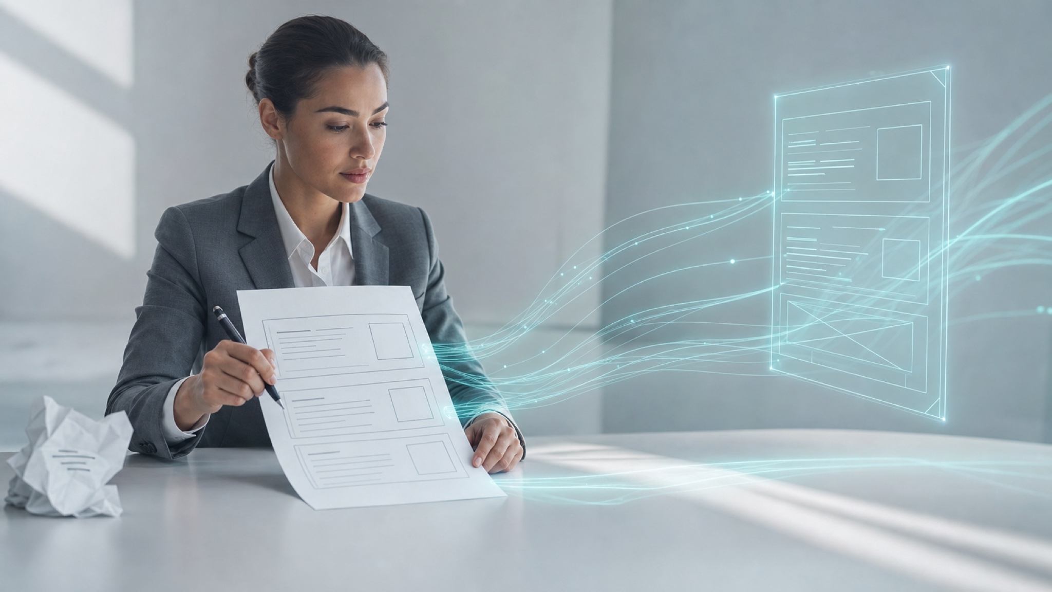 A leader annotates a structured one-page brief that resolves into a clean teal data-structure — the three-part brief: what, how, and what kind of partner.