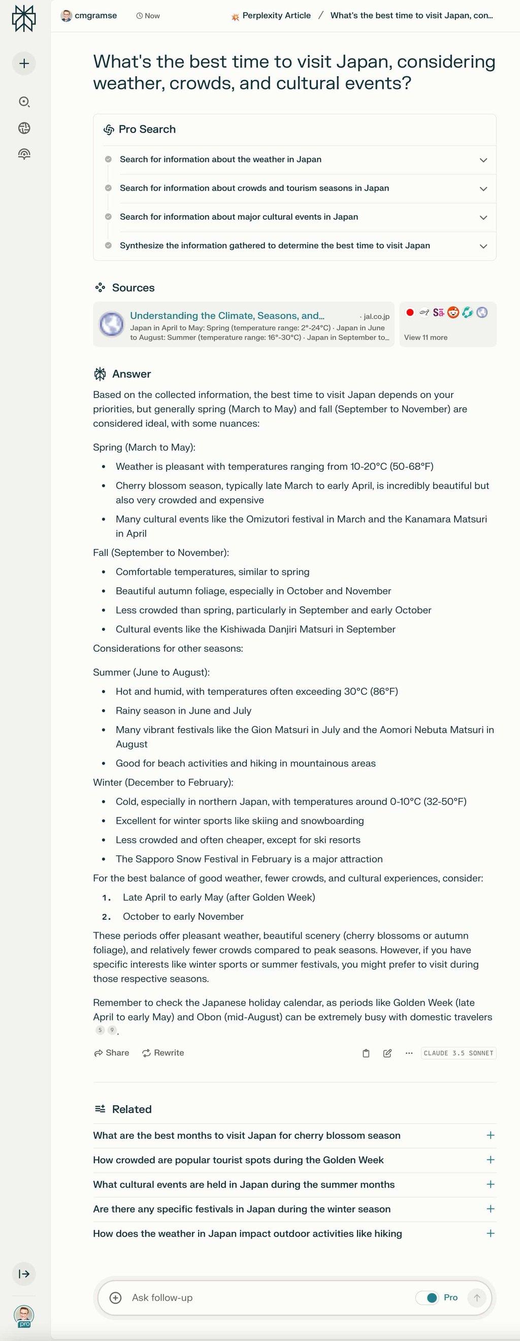 Perplexity answer view for a Japan query, presenting a direct AI-generated summary with sources