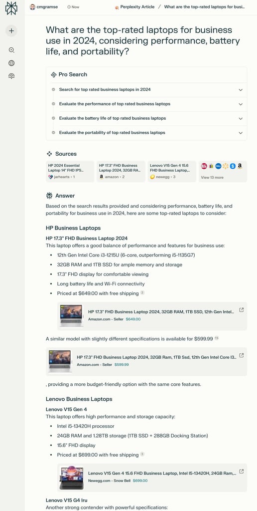 Perplexity answer view for a laptop research query, summarizing options and references in one place